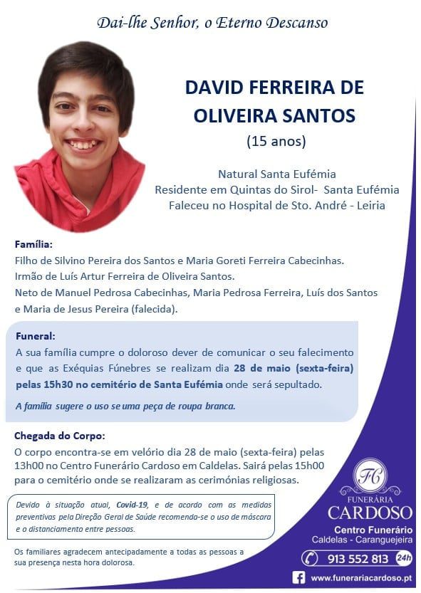 Adolescente que morreu em Leiria vai a sepultar esta sexta feira david santos 8 5330096472320131756 n