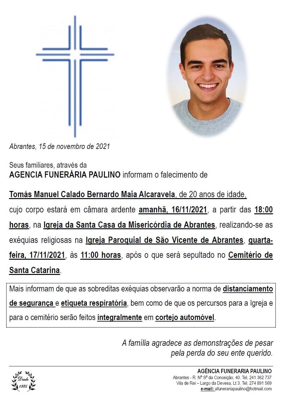 Abrantes: já marcado o funeral do jovem que morreu na República Checa tomas alcaravela