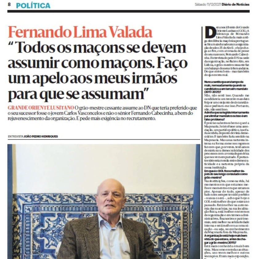 Grão-mestre apela a que todos os maçons se assumam macons