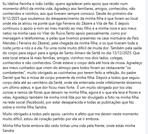 Pais agradecem apoio na hora da despedida da filha que pôs termo à vida sand