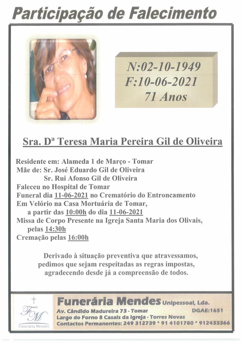 Antiga professora morre de cancro teresa oliveira