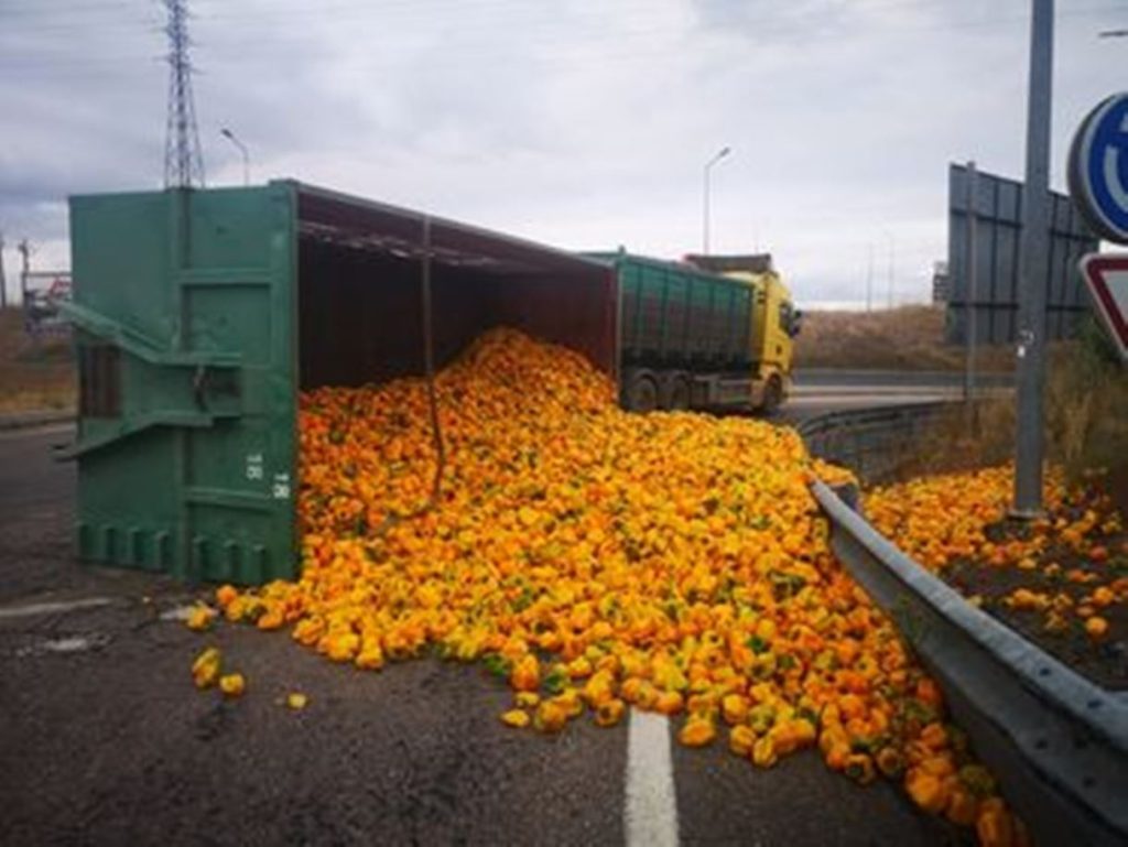 Reboque de camião tombou e espalhou pimentos na estrada acide rotunda 995 1803736626151670746 n