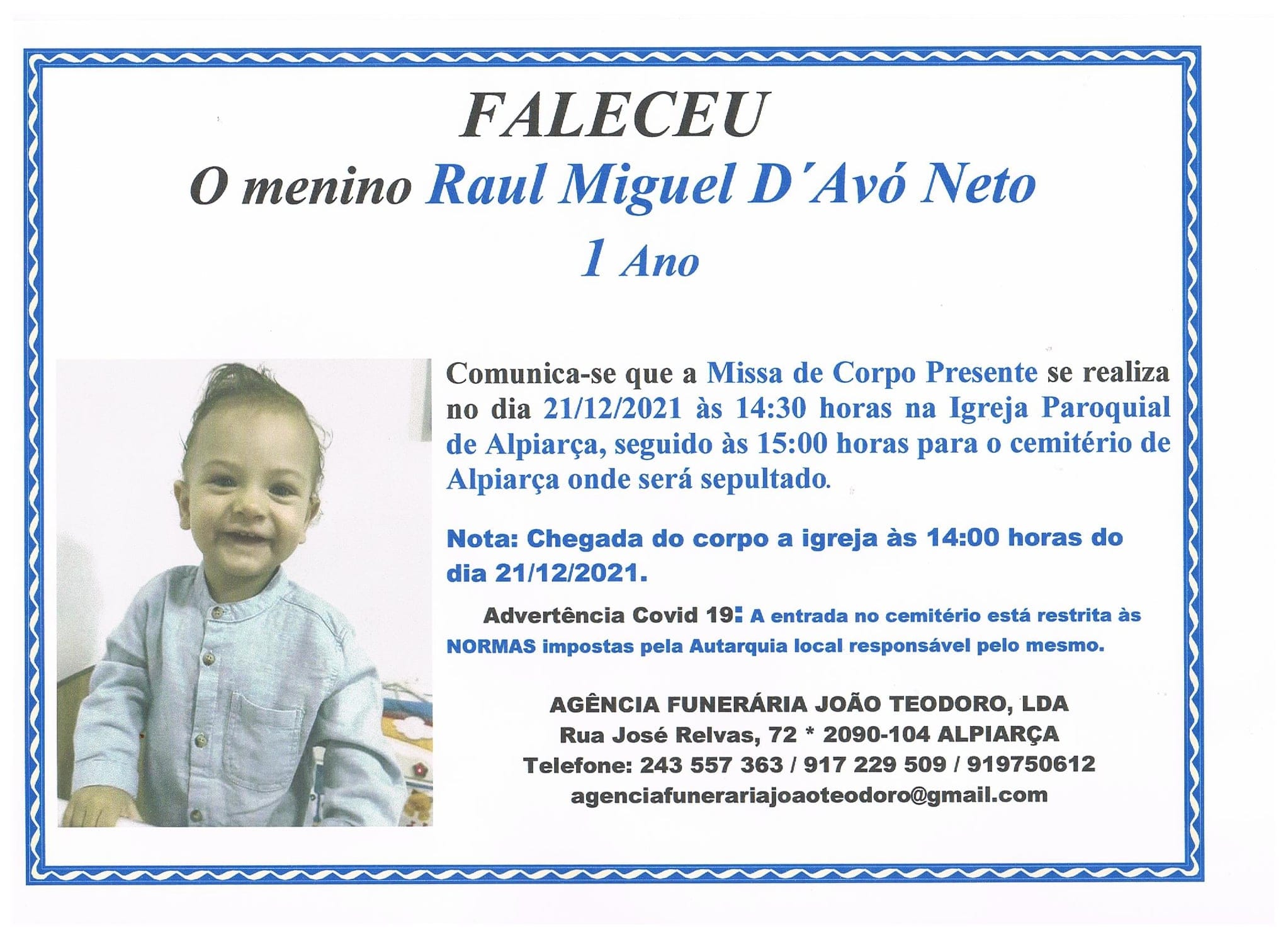 Bebé que morreu atropelado pelo avô vai a sepultar nesta terça feira raul