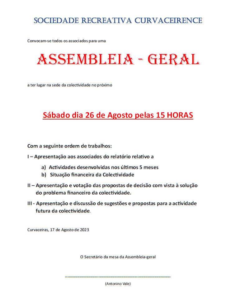 Sociedade Recreativa Curvaceirence em fase de balanço Assembleia de Agosto 3