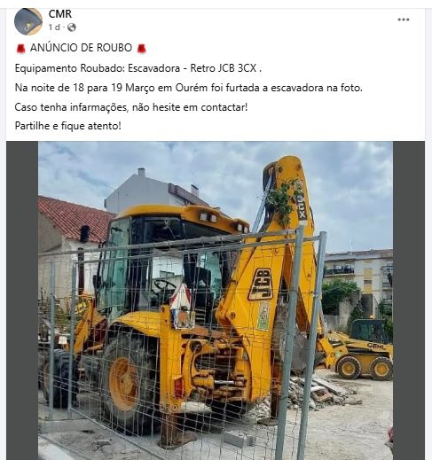 Retroescavadora roubada em Ourém cmr