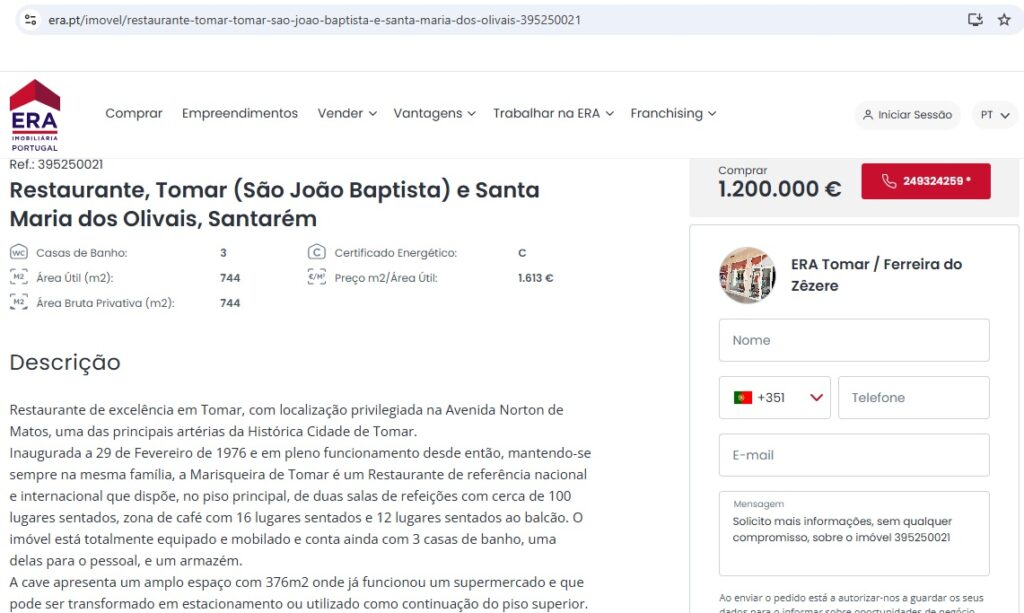 Marisqueira de Tomar à venda por 1 milhão e 200 mil euros marisqueira
