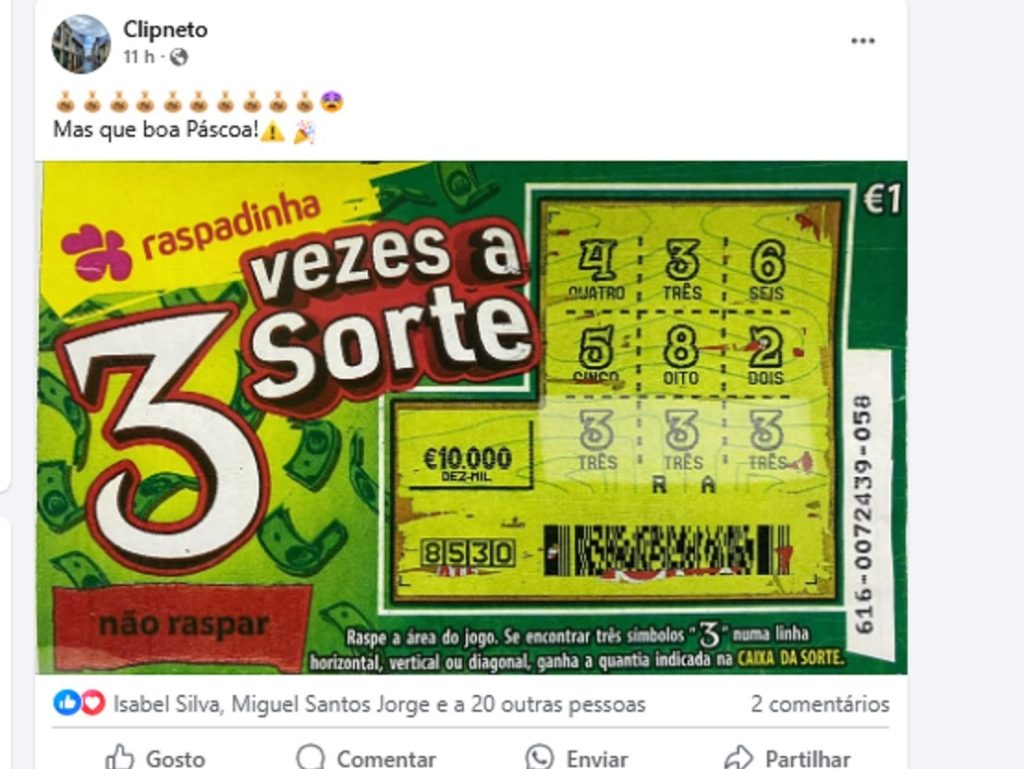 Comprou uma raspadinha de 1 euro e ganhou 10 mil rasp