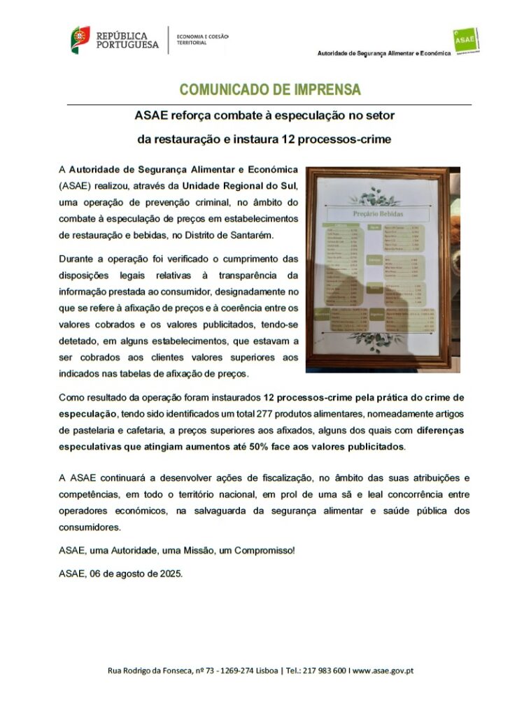 ASAE instaura processos-crime a 12 restaurantes do distrito de Santarém asae 765