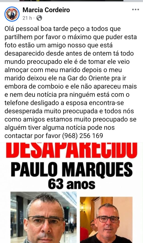Apelo: homem está desaparecido desde dia 28 de outubro Screenshot 20261031 164712 Facebook